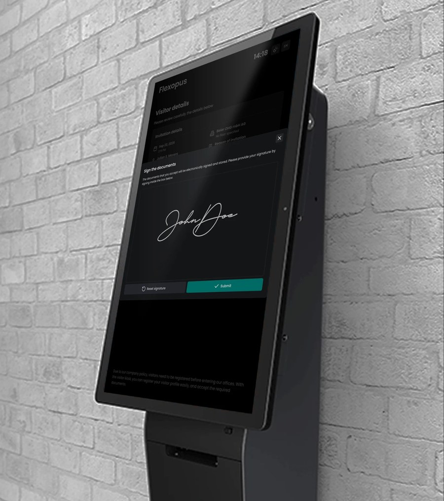 Besucherkiosk an der Wand mit digitaler Unterschrift für Besucher