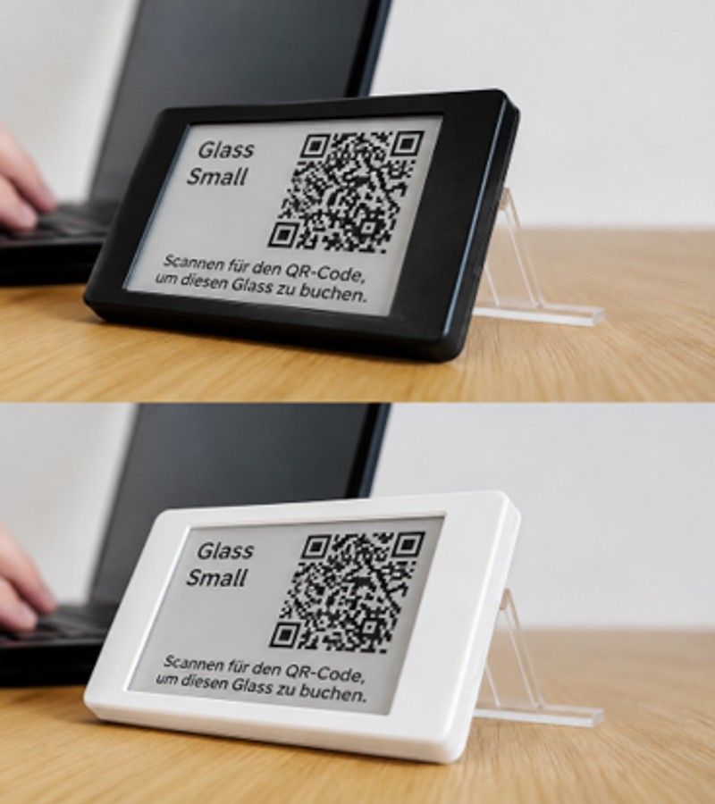 eInk-Tischaufsteller mit QR-Code zum Buchen eines Glasraums